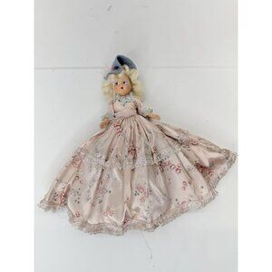 Vintage 1940s Bisque Blonde Doll 8 Inch Floral Dress Blue Felt Hat Hand Painted